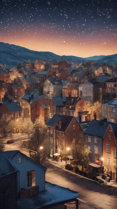 A charming small town under a crystal clear starry sky.