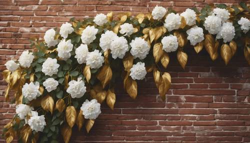 Uma videira de flores brancas entrelaçadas com folhas douradas ao longo de uma parede de tijolos rústica.