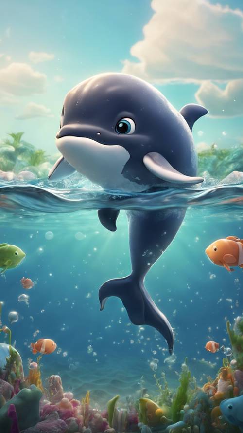 An adorable cartoon of a stubborn baby whale learning to swim.