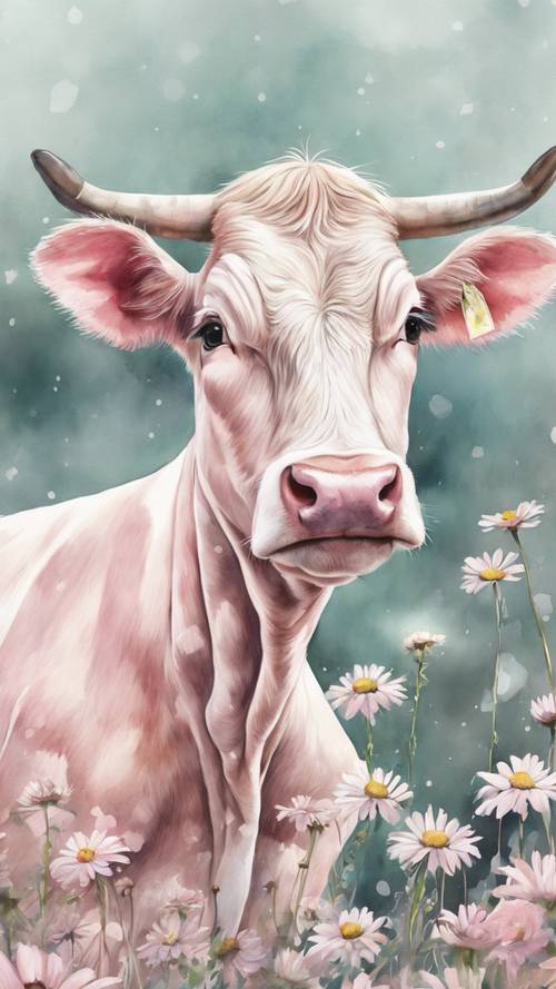 Delicate watercolor painting of a baby pink cow with daisies in her hair.