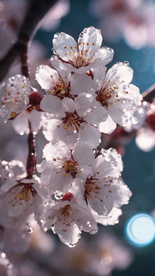 Close-up do orvalho formado nas flores de cerejeira, iluminado pelo suave luar.