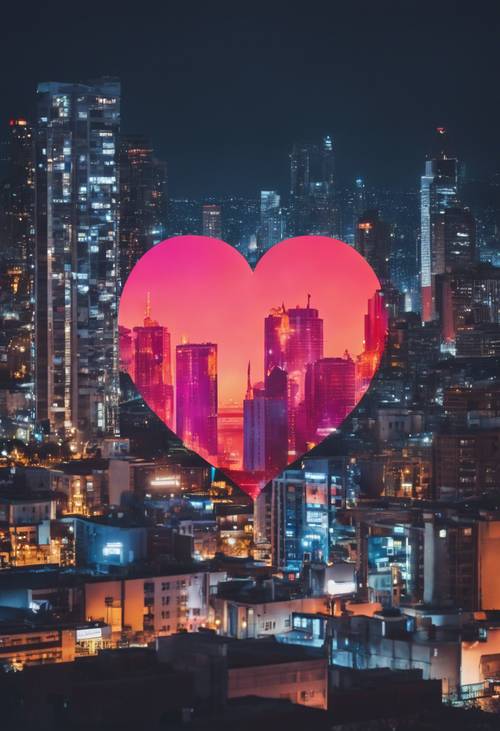 A heart-shaped moon hanging low over a neon-lit city, filled with indie rock vibes.