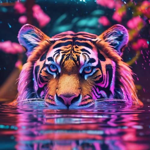 Seekor harimau neon menatap tajam ke pantulan dirinya di air berwarna-warni.