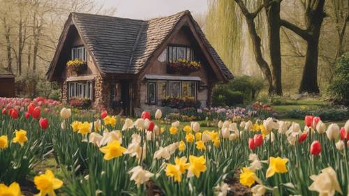 A quaint wooden cottage surrounded by a garden full of daffodils, tulips, and irises in full bloom.
