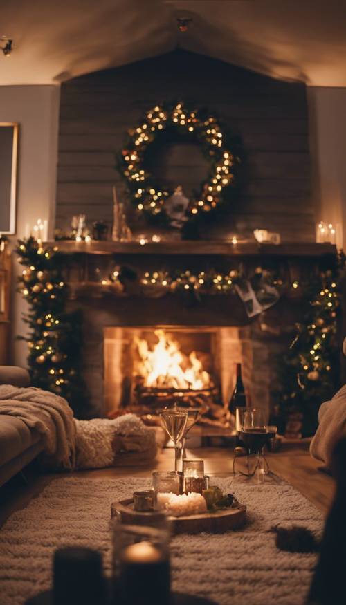 Una sala de estar cálida y acogedora con un fuego crepitante en la chimenea, gente abrazándose, celebrando la víspera de Año Nuevo.