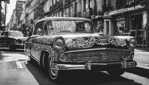 A black and white image of a vintage car with funky artwork painted on it, parked on a busy street.