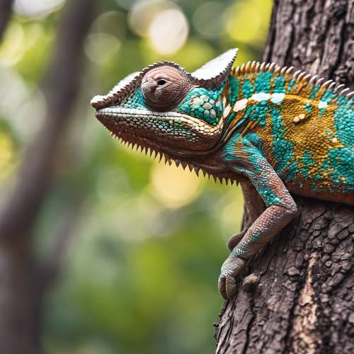 A chameleon scaling a bark, its skin changing to match the intricate patterns of the tree.