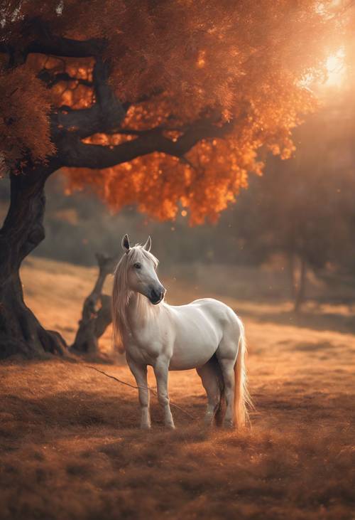 Un unicorno mistico sotto un albero, illuminato da un&#39;aura arancione