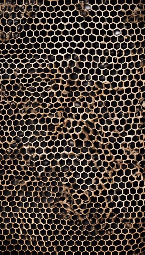 Picture of a hexagonal honeycomb pattern filled with darkness, resembling the night sky.