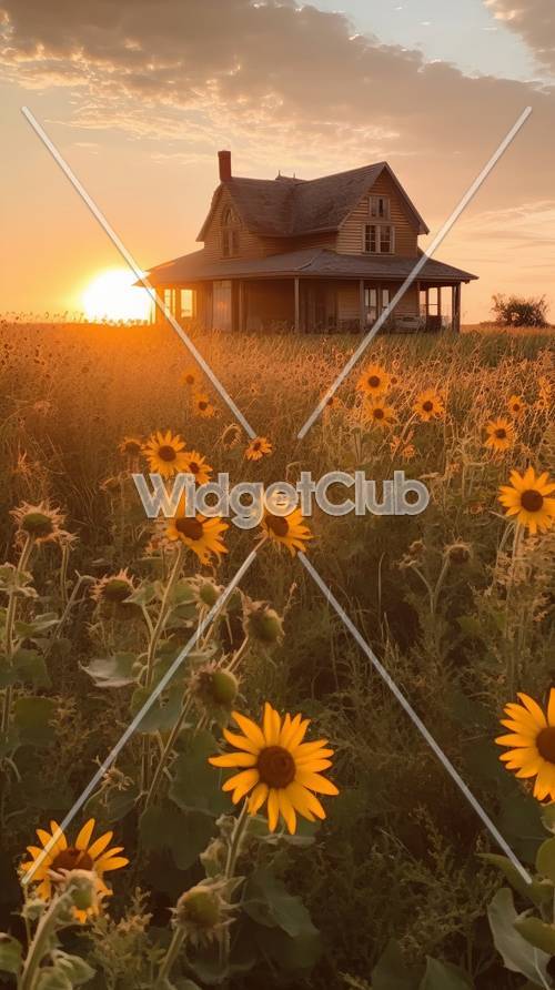 Sunset and Sunflowers by the House