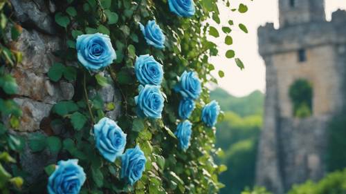 Blue fairytale roses growing on a vivid green vine climbing up a stone tower.