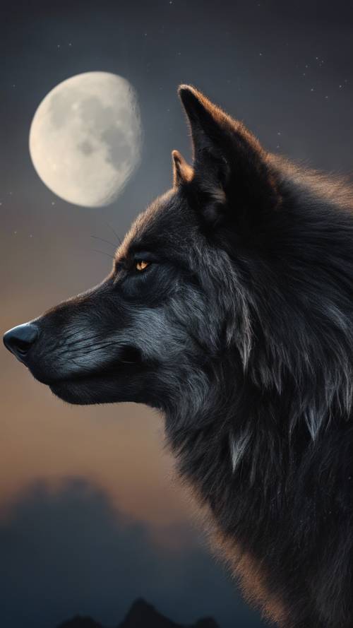 Un cupo lupo nero che ulula tristemente alla luna.