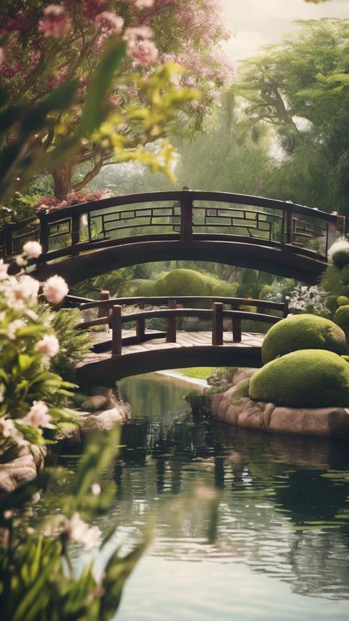 A beautiful peaceful oriental garden with a pond and a bridge.