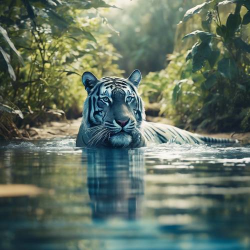 Синий тигр игриво плавает в спокойной реке, окруженной густой растительностью.
