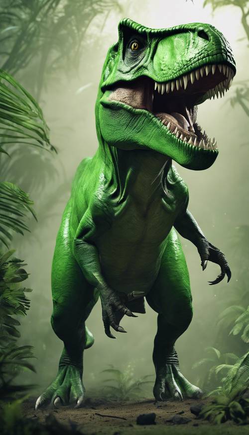 Seekor T-Rex berwarna hijau terang dengan gigi tajam dan mendekati mangsanya di hutan Jurassic yang lebat dan berkabut.