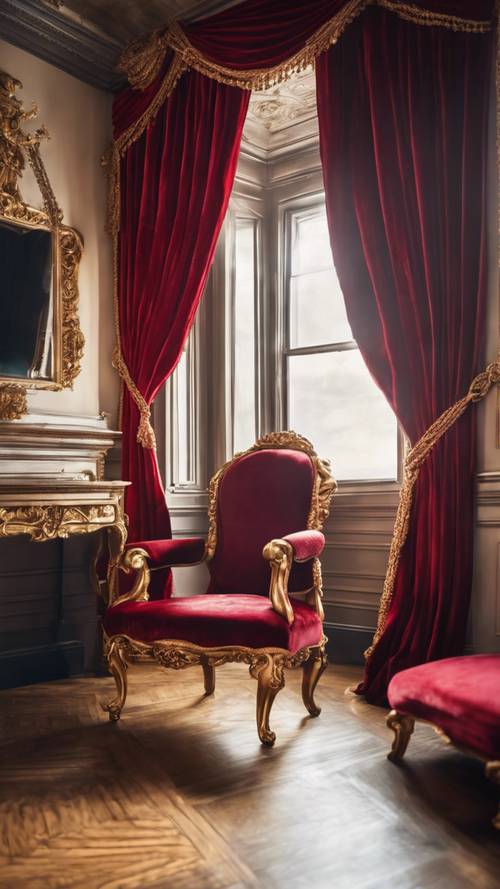 웅장한 빅토리아 스타일의 거실에는 빨간 벨벳 커튼이 금색 밧줄로 묶여 있습니다.