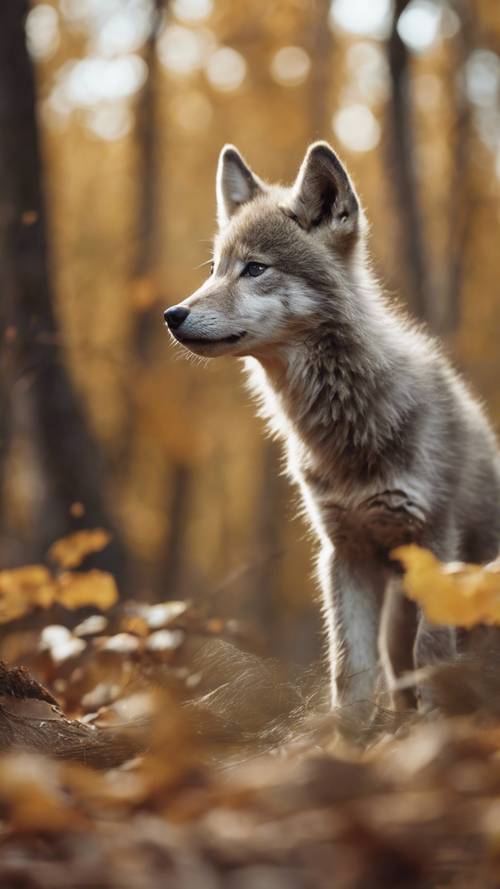 Một chú sói con tò mò với bộ lông màu xám mềm mại đang khám phá khu rừng tràn ngập màu sắc mùa thu vàng.
