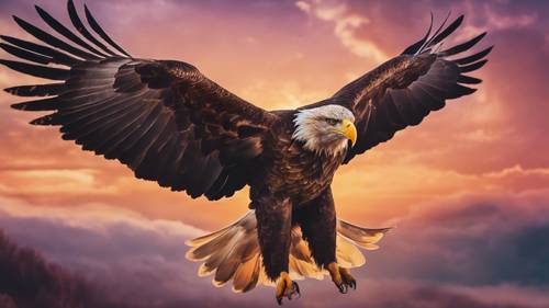 Um retrato onírico de uma águia majestosa voando em um céu crepuscular repleto de tons vibrantes e quentes.