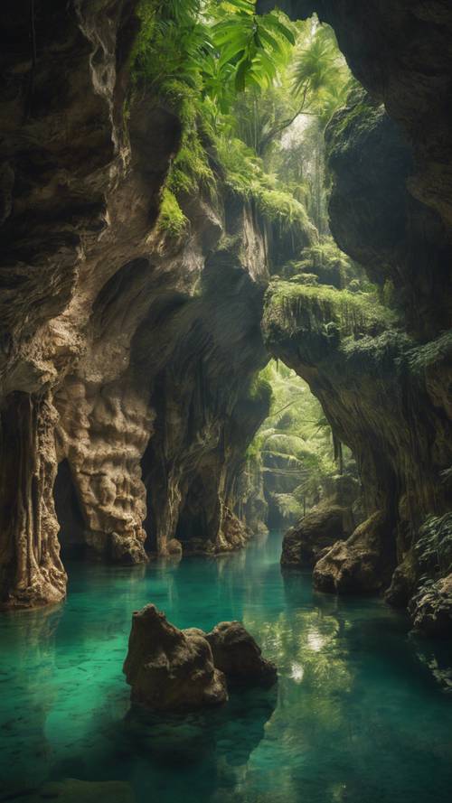 A network of limestone caves beneath a lush tropical forest, filled with beautiful naturally sculpted rock formations and subterranean rivers.
