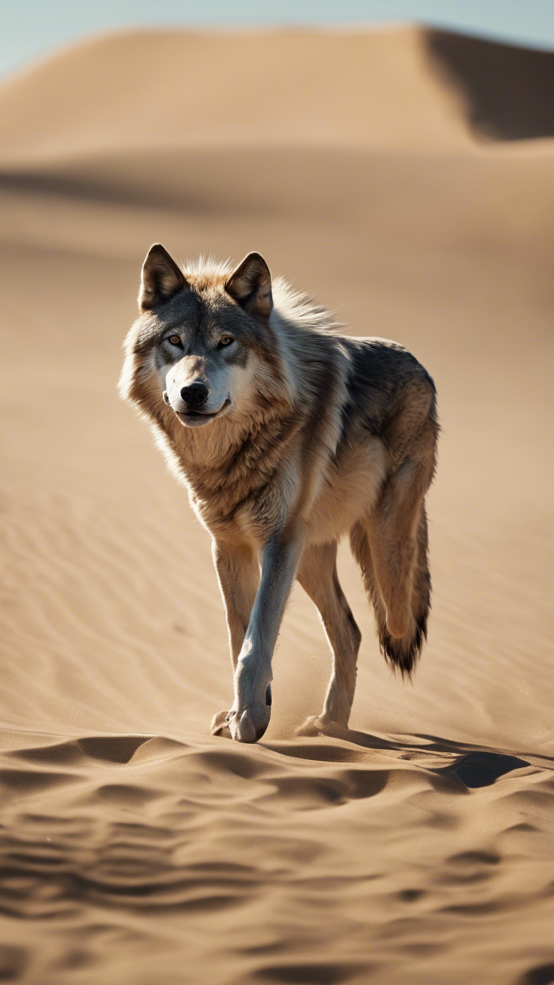 A sun-bleached desert at midday, where a lone wolf, resilient and determined, crosses the hot, golden sands. Fondo de pantalla[3c42a28e61a8411aa2ed]