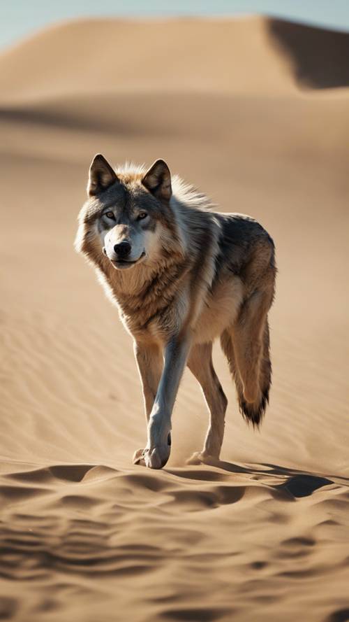 한낮의 햇볕에 바랜 사막, 강인하고 결단력 있는 외로운 늑대가 뜨거운 황금빛 모래사장을 건너고 있습니다.