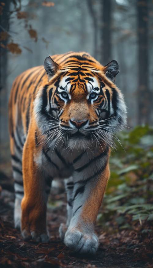 Neonowy tygrys w żywe paski z wdziękiem spacerujący po mglistym lesie.
