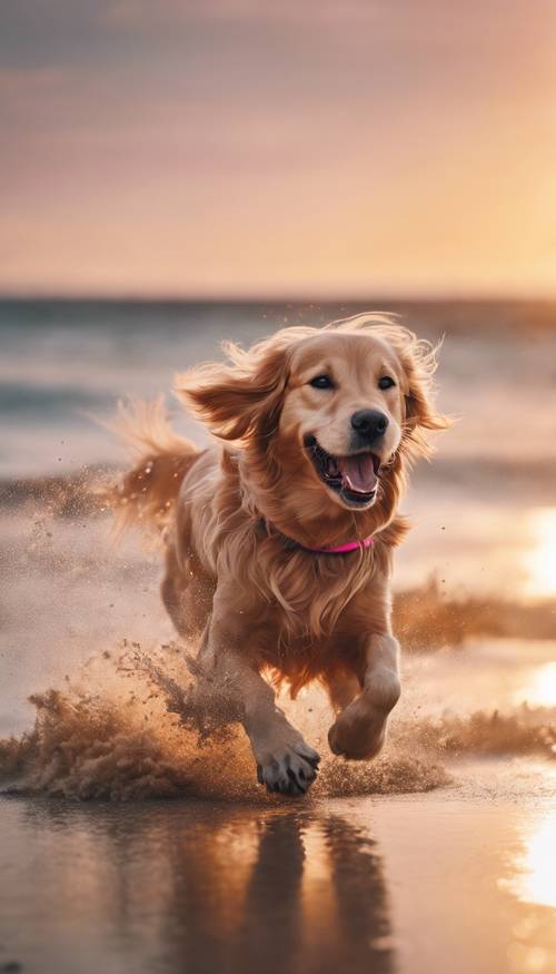 日落时分，一只快乐的粉红色金毛猎犬在沙滩上奔跑。