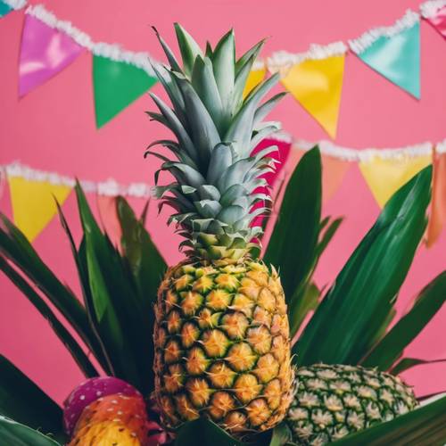 A pineapple holding a colorful birthday banner in its leaves.
