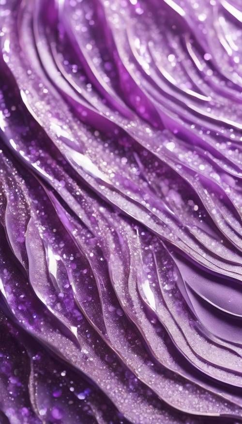Abstrakcyjny obraz przedstawiający przeplatające się liliowe fale z błyszczącymi, brokatowymi akcentami.