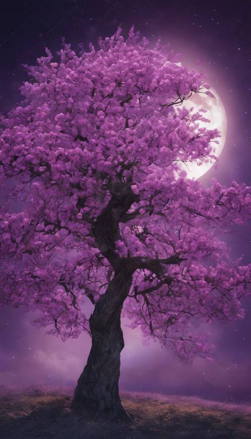 Pohon ungu yang mekar di bawah bulan purnama.