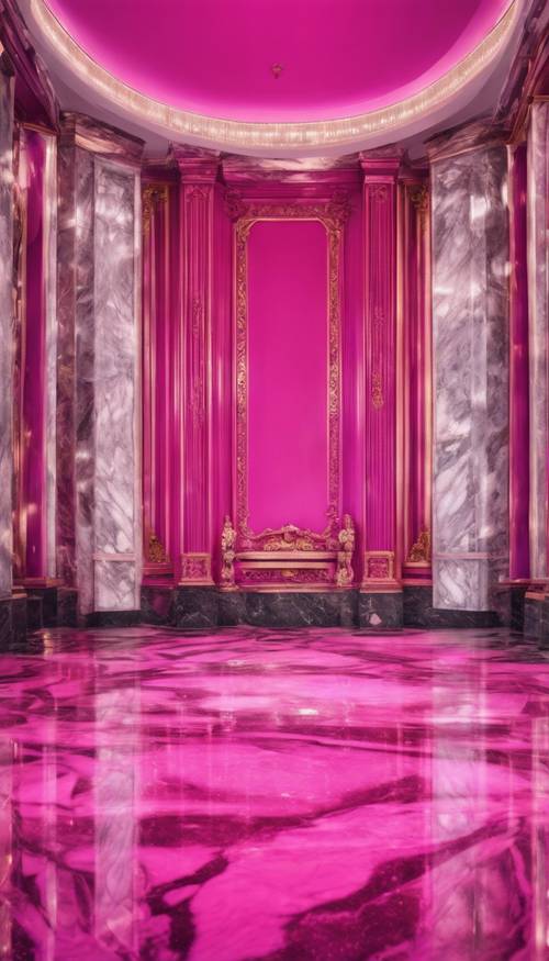 Eine in leuchtenden Pinktönen schimmernde, polierte und glänzende Marmorhalle mit spürbarer Tiefe in ihrem wirbelnden Muster.