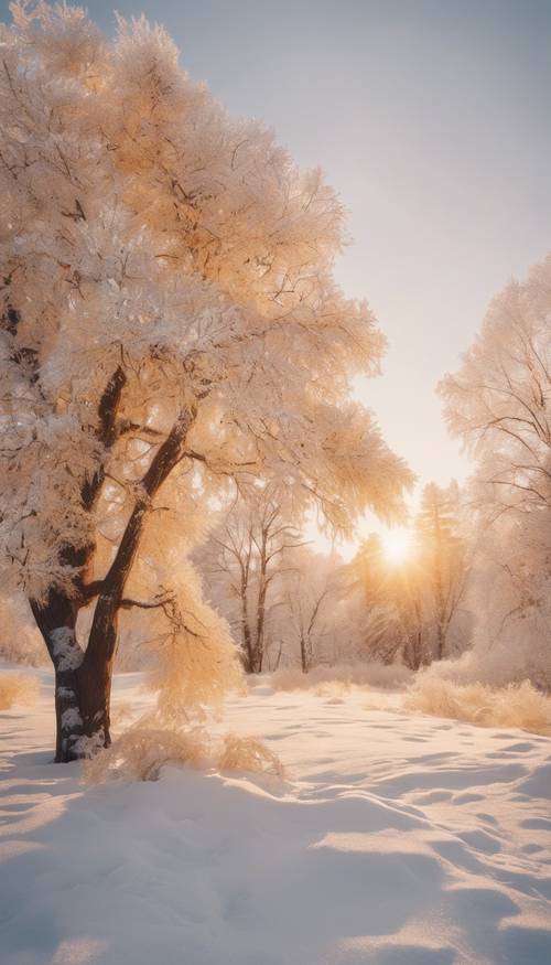 Zimowa kraina czarów o świcie, wschód słońca rzucający złote odcienie na pokryte śniegiem drzewa.
