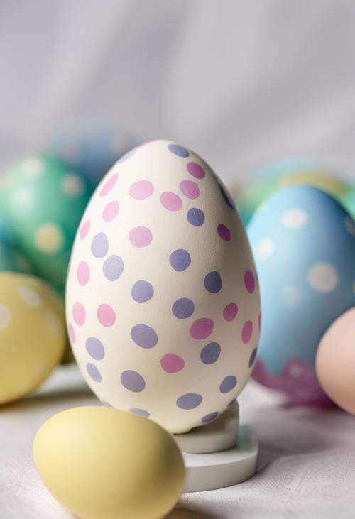 Grandi pois pastello su un uovo di Pasqua di cioccolato bianco.