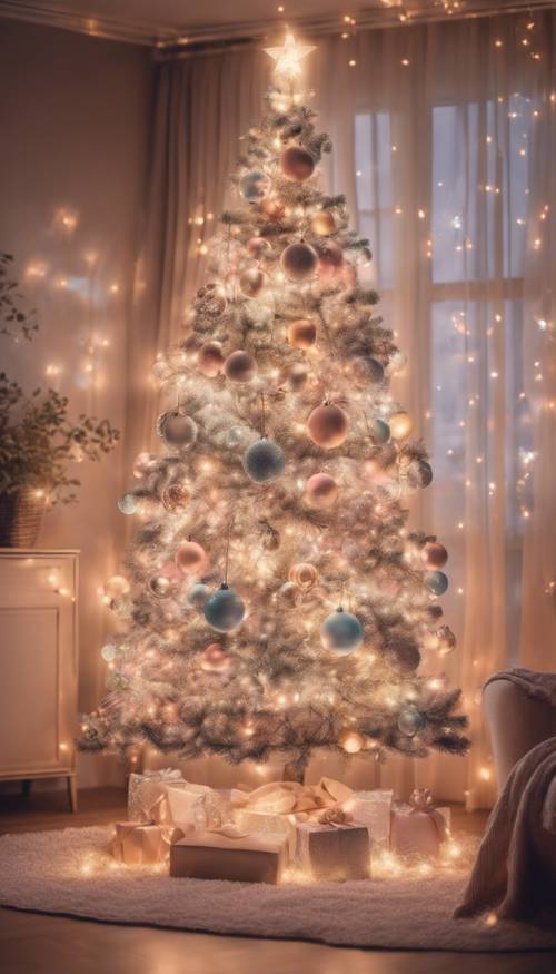 Parlak süs eşyaları ve parıldayan peri ışıklarıyla süslenmiş ışıltılı pastel bir Noel ağacının bulunduğu kapalı, sıcak bir oturma odası.