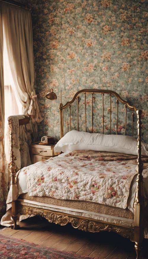 A classic, vintage country bedroom with floral prints and an old-fashioned embroidered quilt on a brass bed.