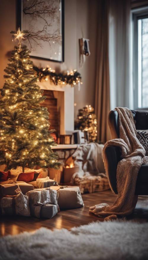 Warm living room with a roaring fireplace, stockings hanging and a twinkling tree.