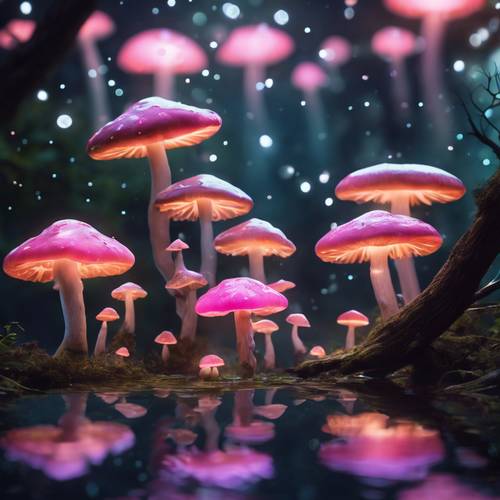 Gambar jamur neon bercahaya yang mengambang aneh di atas aliran sungai hutan yang tenang dan bergelembung.