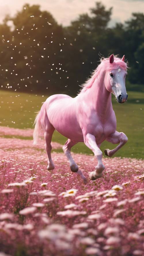 Un elegante unicornio rosa corriendo libre por un campo abierto lleno de margaritas.