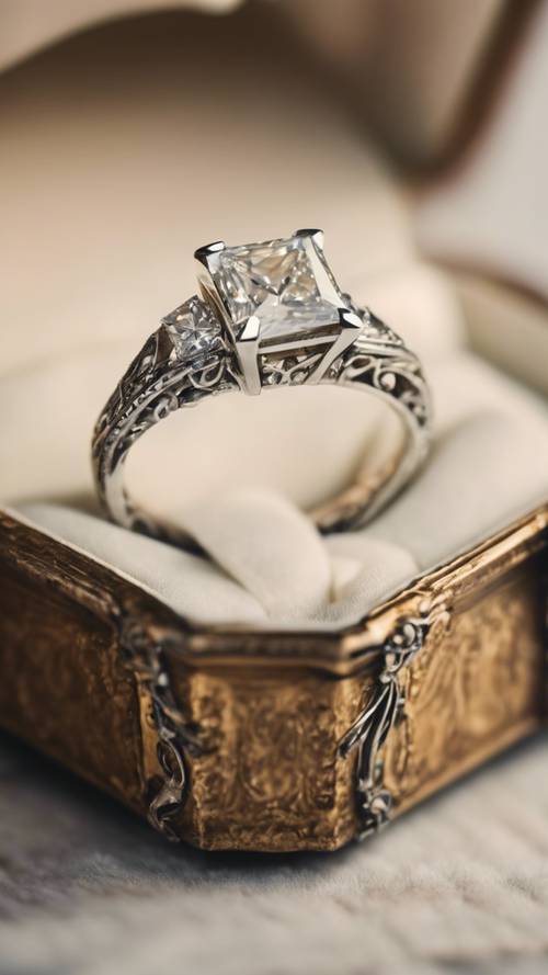 טבעת יהלום בחיתוך נסיכותי המוצגת בקופסה עתיקה.
