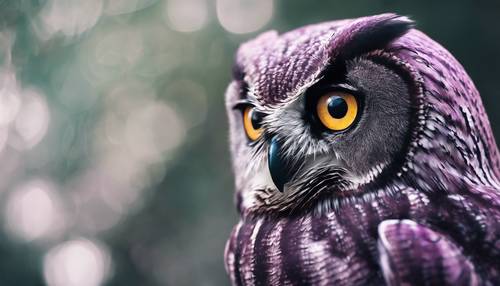 Burung hantu ungu dengan mata berbeda mengintip dari kegelapan dengan gaya minimalis.