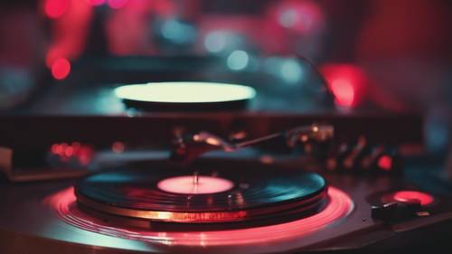 A vinyl record player spinning an emo band album, in a dimly lit room with red light.