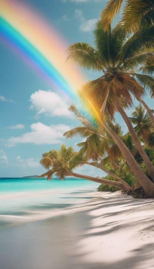 Uma praia tropical imaculada com águas cristalinas, areias brancas e um arco-íris vibrante no alto.