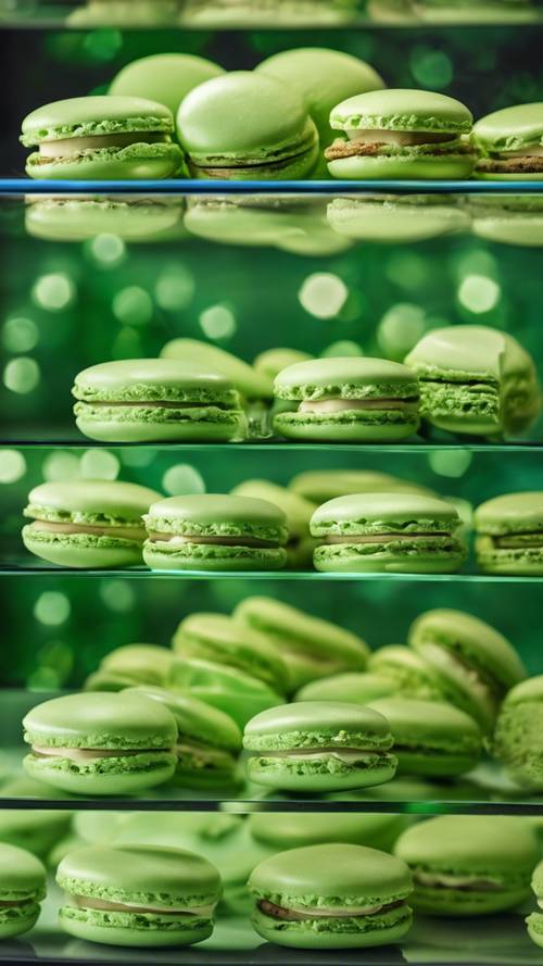 A row of light green macaroons displayed in a glass showcase.