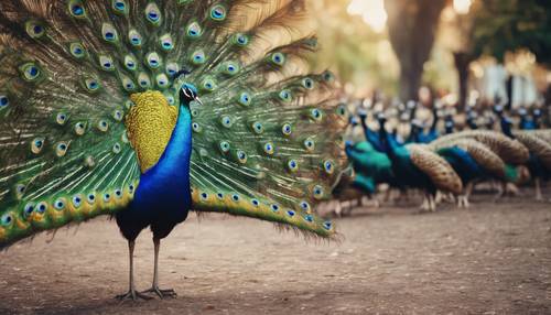 An exuberant peacock showing off its vibrant plumage, strutting around within a large crowd of peahens.