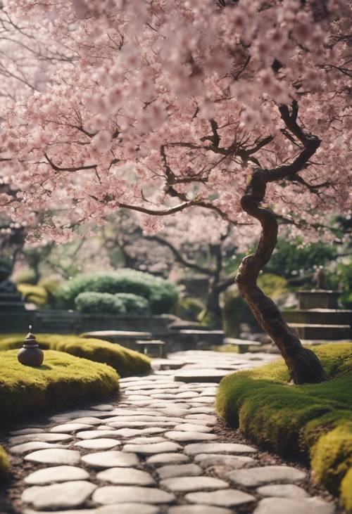 Eine ruhige Szene eines Sakura-Baums, der seine Blütenblätter über einen Steinpfad in einem Zen-Garten abwirft.