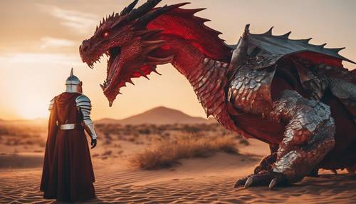 Um dragão vermelho sendo confrontado por um bravo cavaleiro com uma armadura prateada em um deserto ao pôr do sol.
