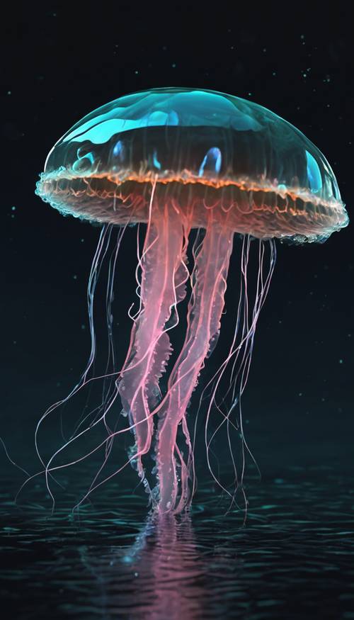 A bioluminescent creature, similar to a jellyfish, floating just below the surface of obsidian black water.