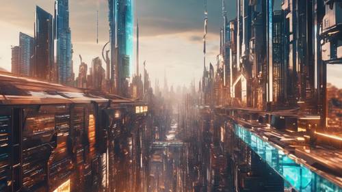 Una pieza de arte digital moderno que representa un paisaje urbano futurista.