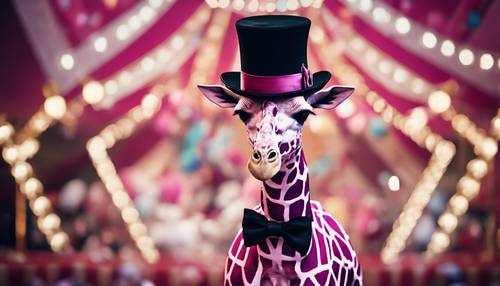Uma girafa rosa ostentando gravata borboleta e cartola em um circo.