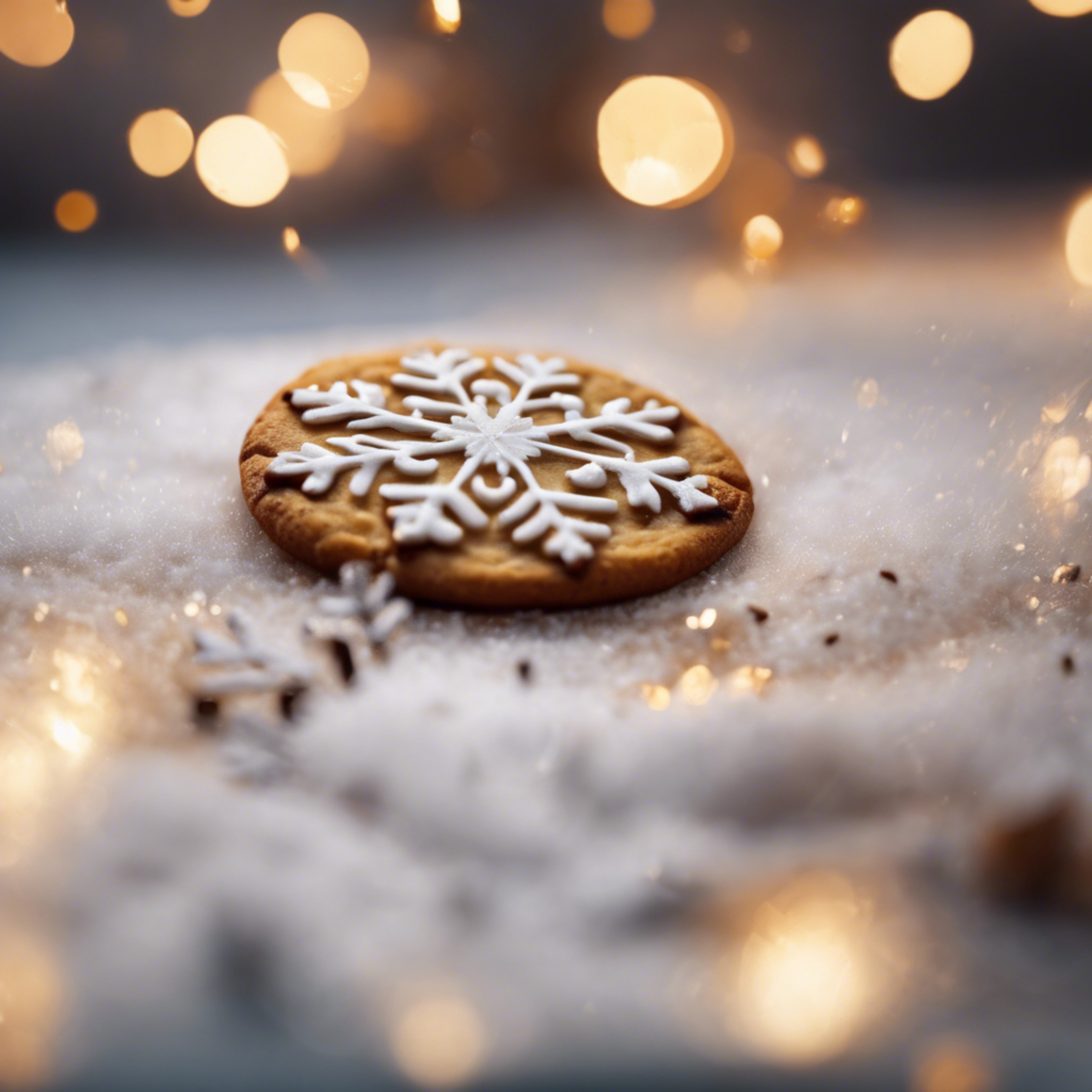 A freshly baked warm cookie with a snowflake landing on it. Tapetai[89e6bcadefb047bd9a34]